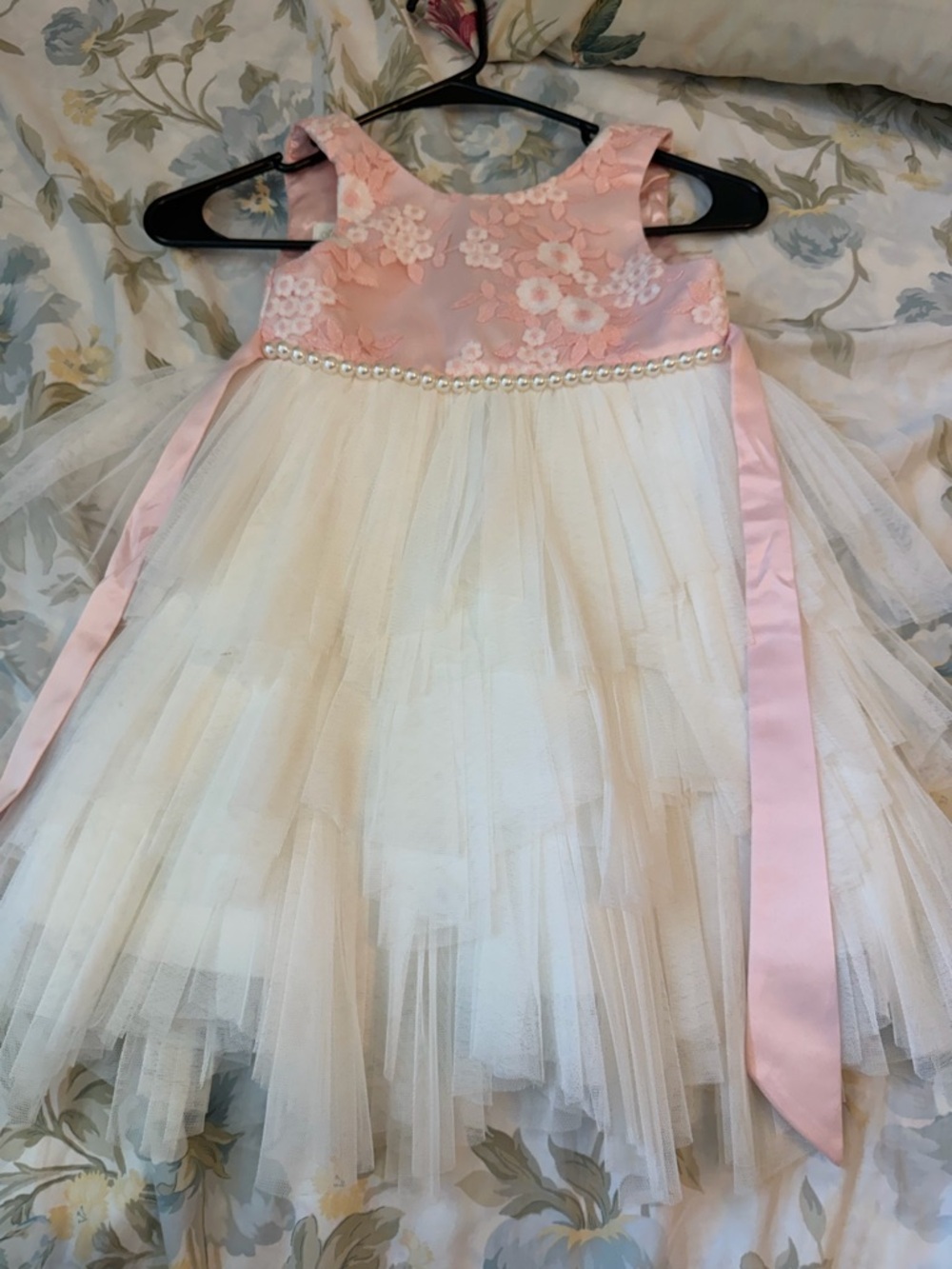 Girls Pink and Ivory Floral Tulle Dress